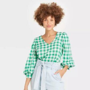 A New Day 3/4 Sleeve Green Check Voile V-Neck Top